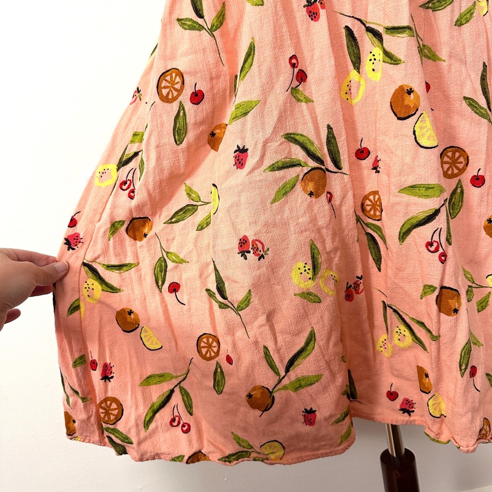 Fruit Print Linen Blend Midi Dress LC Lauren Conrad Peach Pink M Cottage Picnic - Picture 4 of 9
